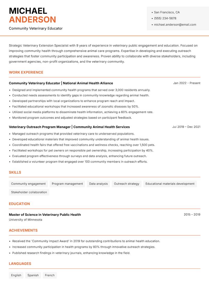 Veterinary Extension Specialist resume sample — Community Veterinary Educator focus