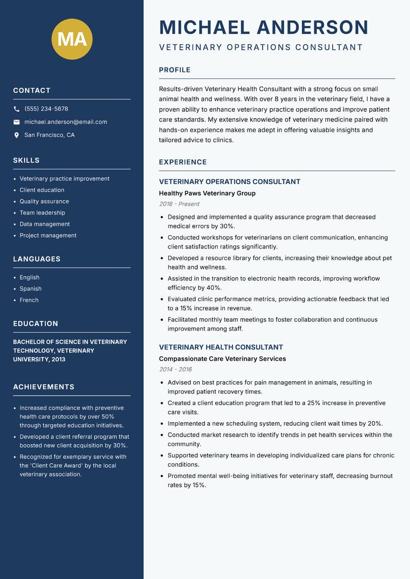 Veterinary Health Consultant resume sample — Veterinary Operations Consultant focus