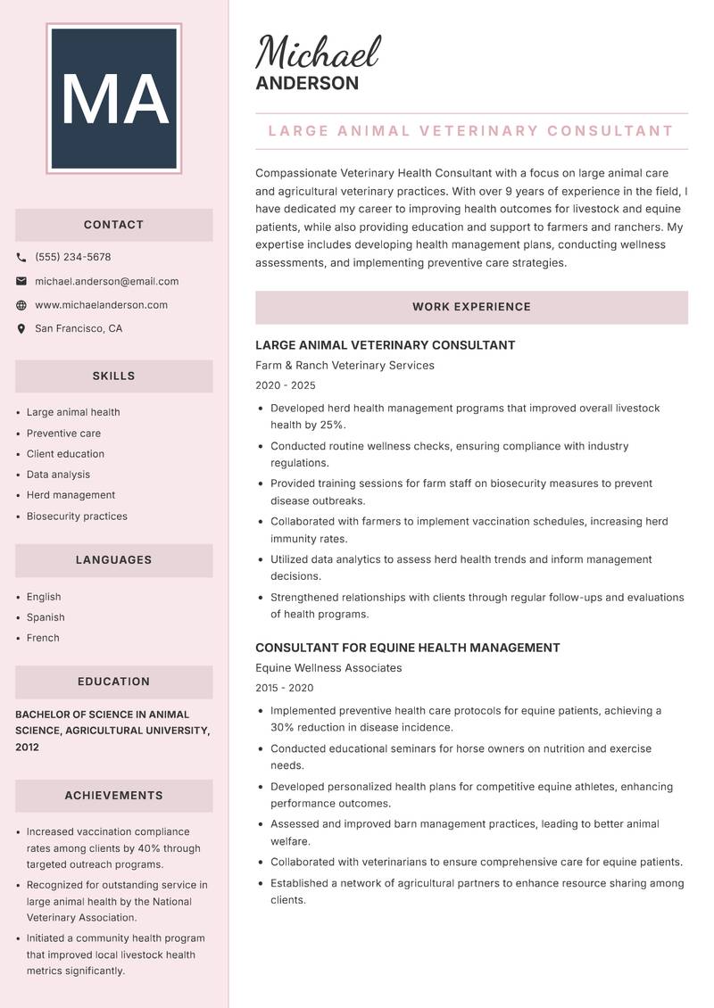 Veterinary Health Consultant resume sample — Large Animal Veterinary Consultant focus