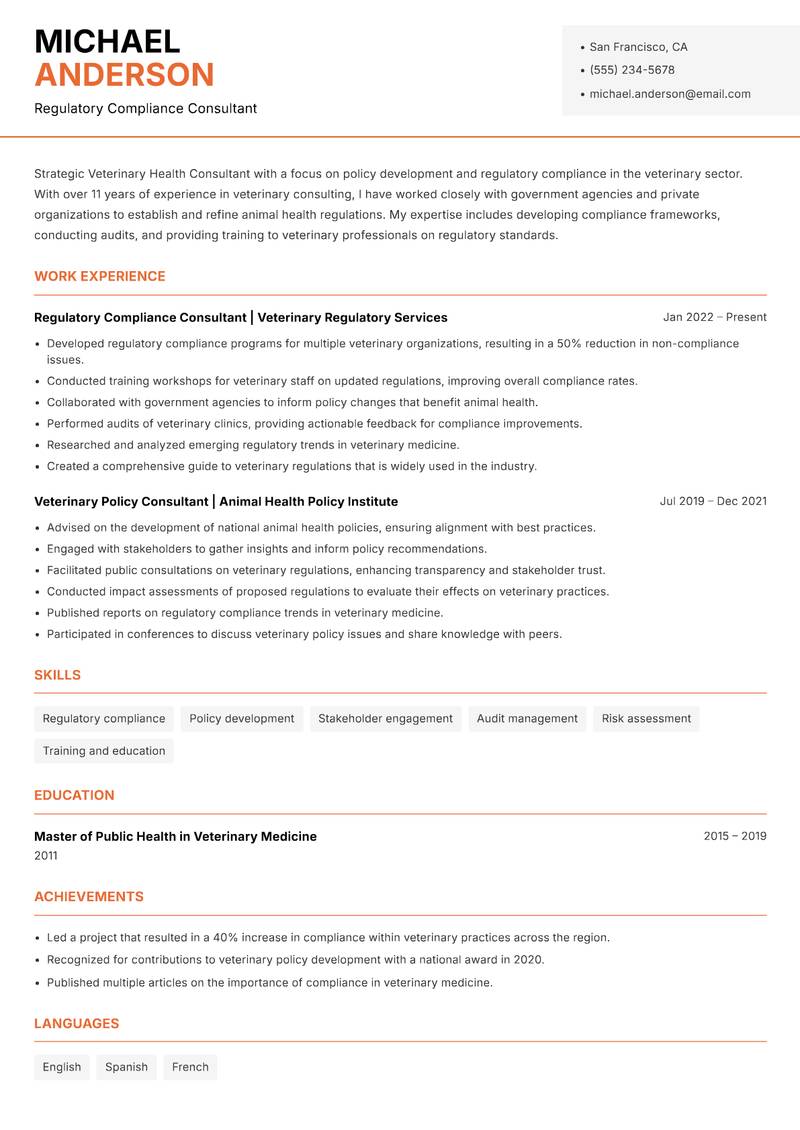 Veterinary Health Consultant resume sample — Regulatory Compliance Consultant focus