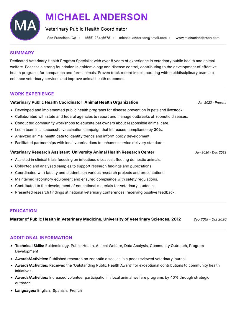 Veterinary Health Program Specialist resume example