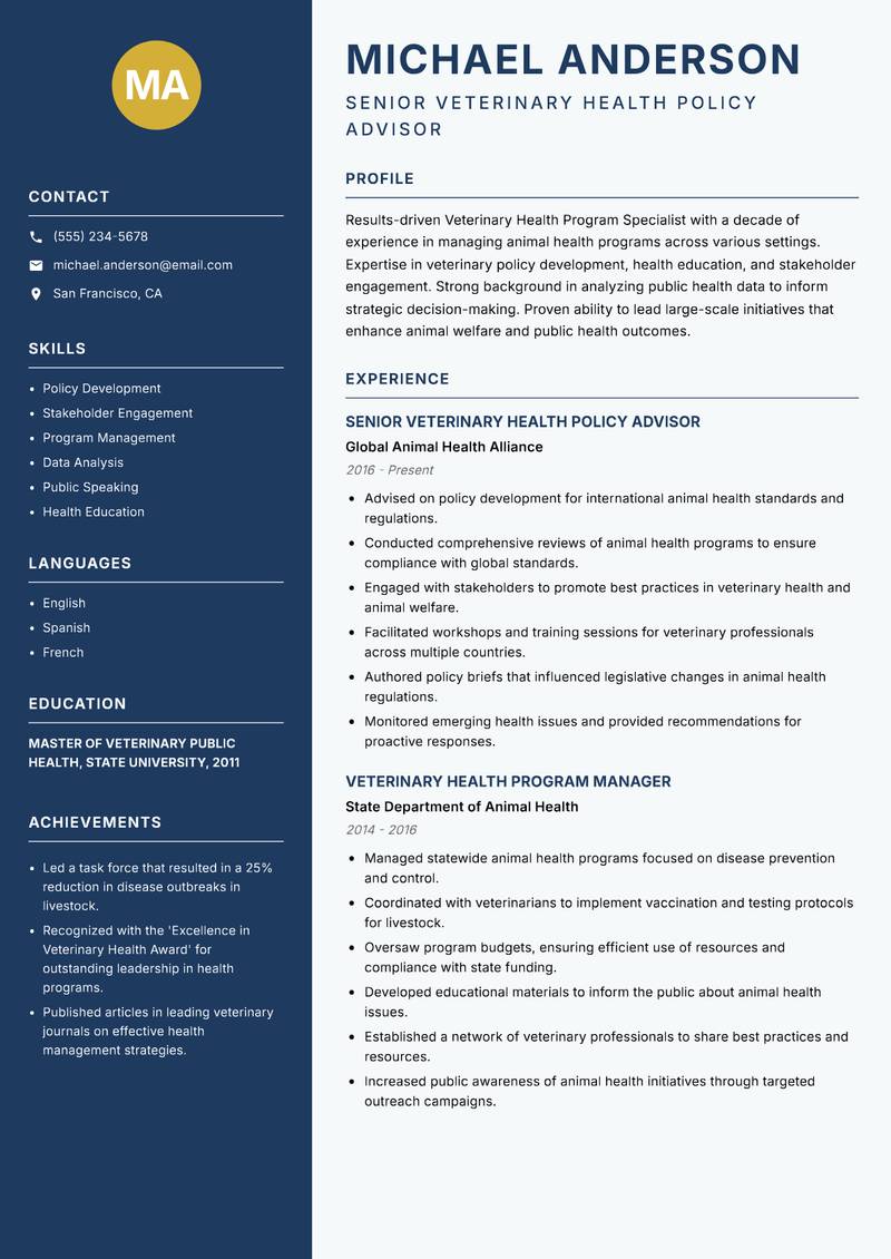Veterinary Health Program Specialist resume sample — Senior Veterinary Health Policy Advisor focus