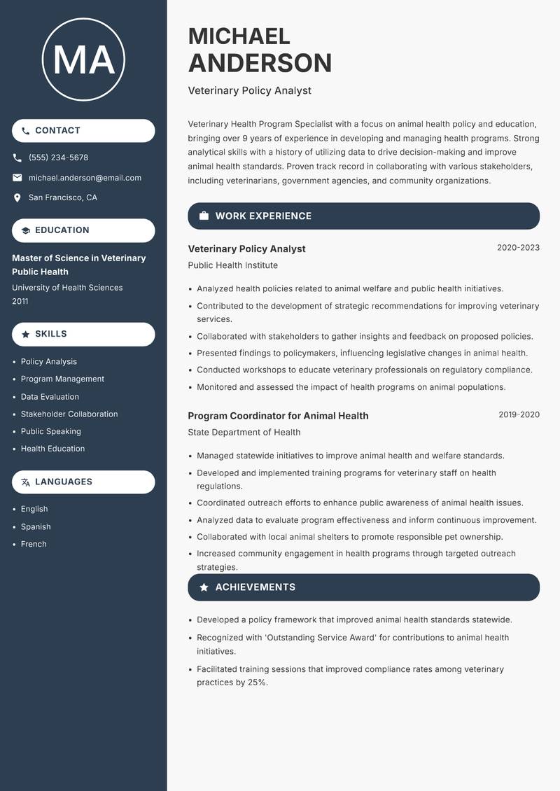 Veterinary Health Program Specialist resume sample — Veterinary Policy Analyst focus
