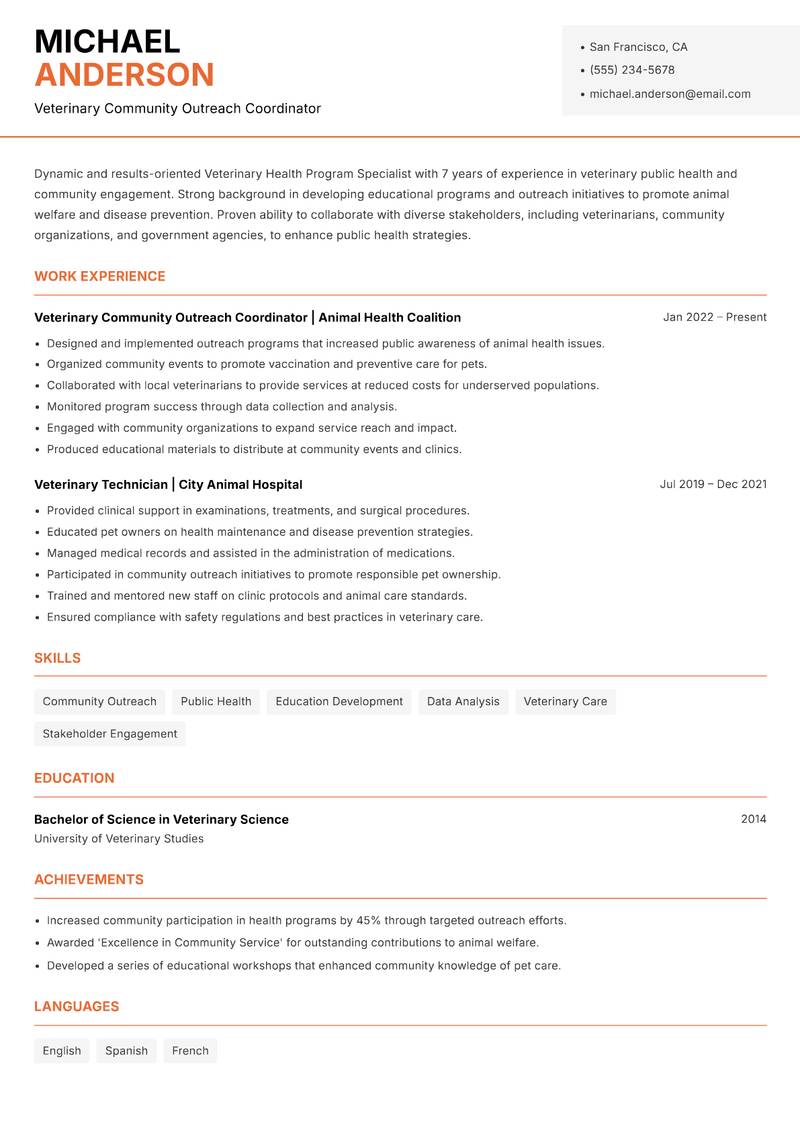 Veterinary Health Program Specialist resume sample — Veterinary Community Outreach Coordinator focus