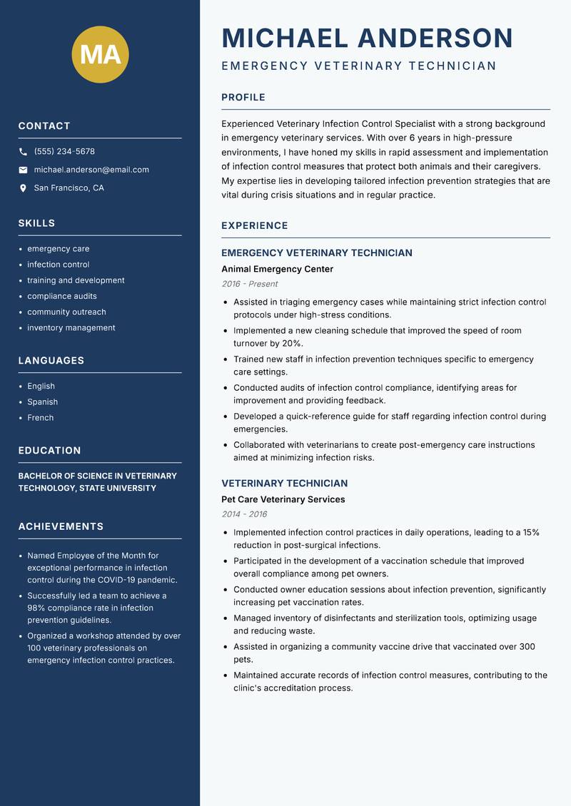 Veterinary Infection Control Specialist resume sample — Emergency Veterinary Technician focus