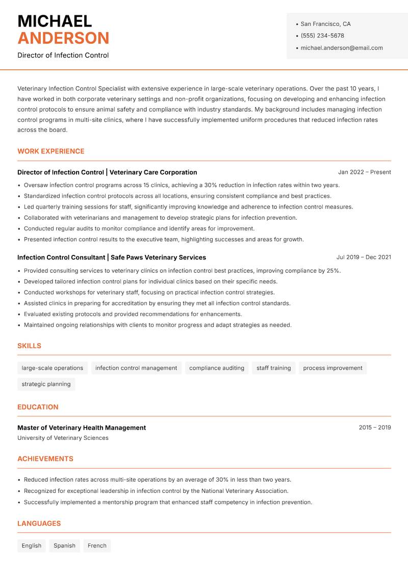 Veterinary Infection Control Specialist resume sample — Director of Infection Control focus