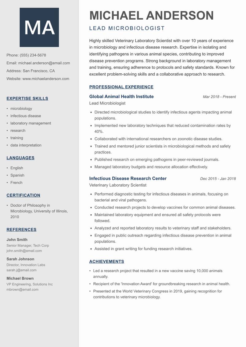 Veterinary Laboratory Scientist resume sample — Lead Microbiologist focus