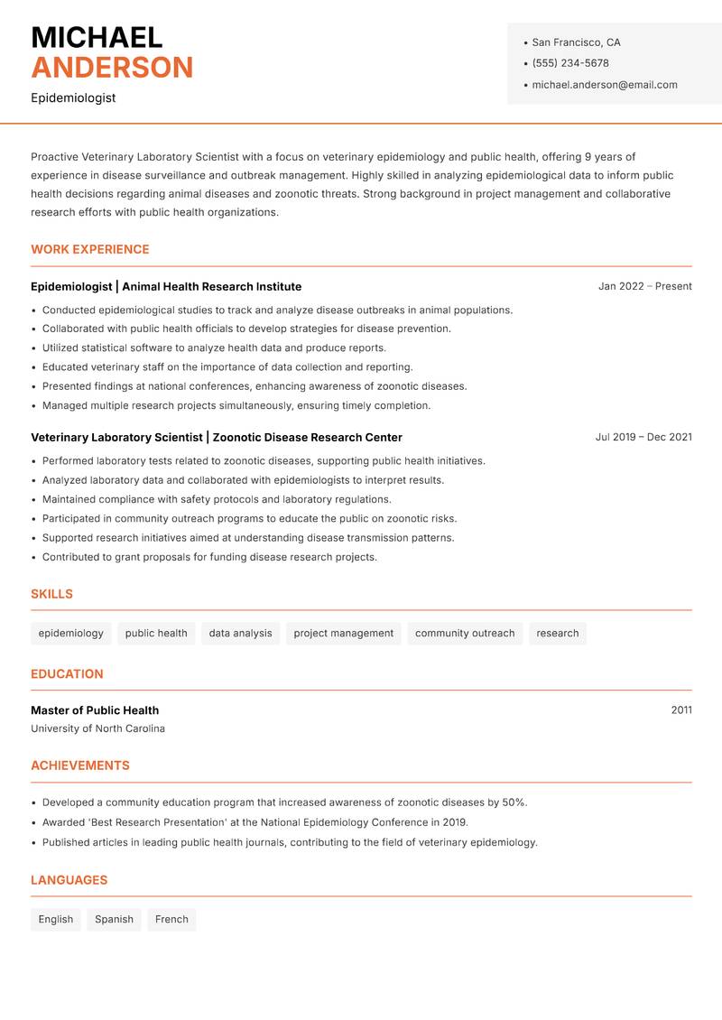 Veterinary Laboratory Scientist resume sample — Epidemiologist focus