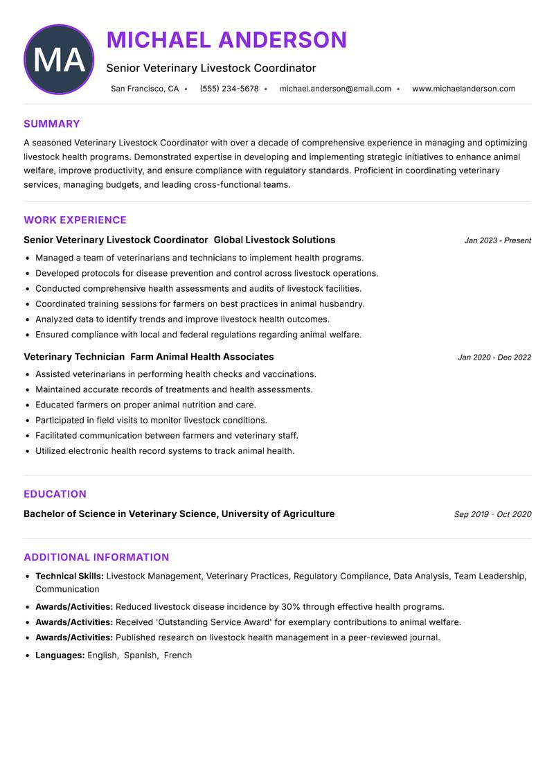 Veterinary Livestock Coordinator resume example