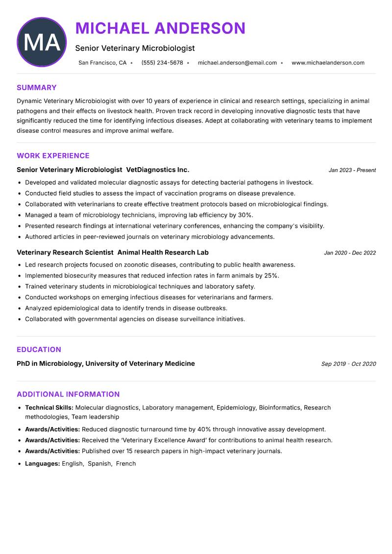 Veterinary Microbiologist resume example