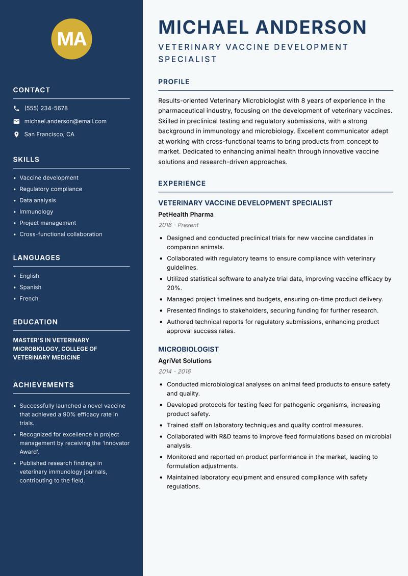 Veterinary Microbiologist resume sample — Veterinary Vaccine Development Specialist focus