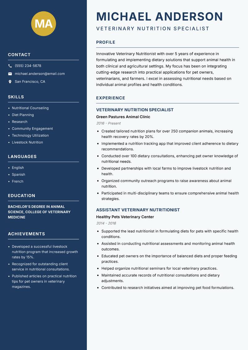 Veterinary Nutritionist resume sample — Veterinary Nutrition Specialist focus