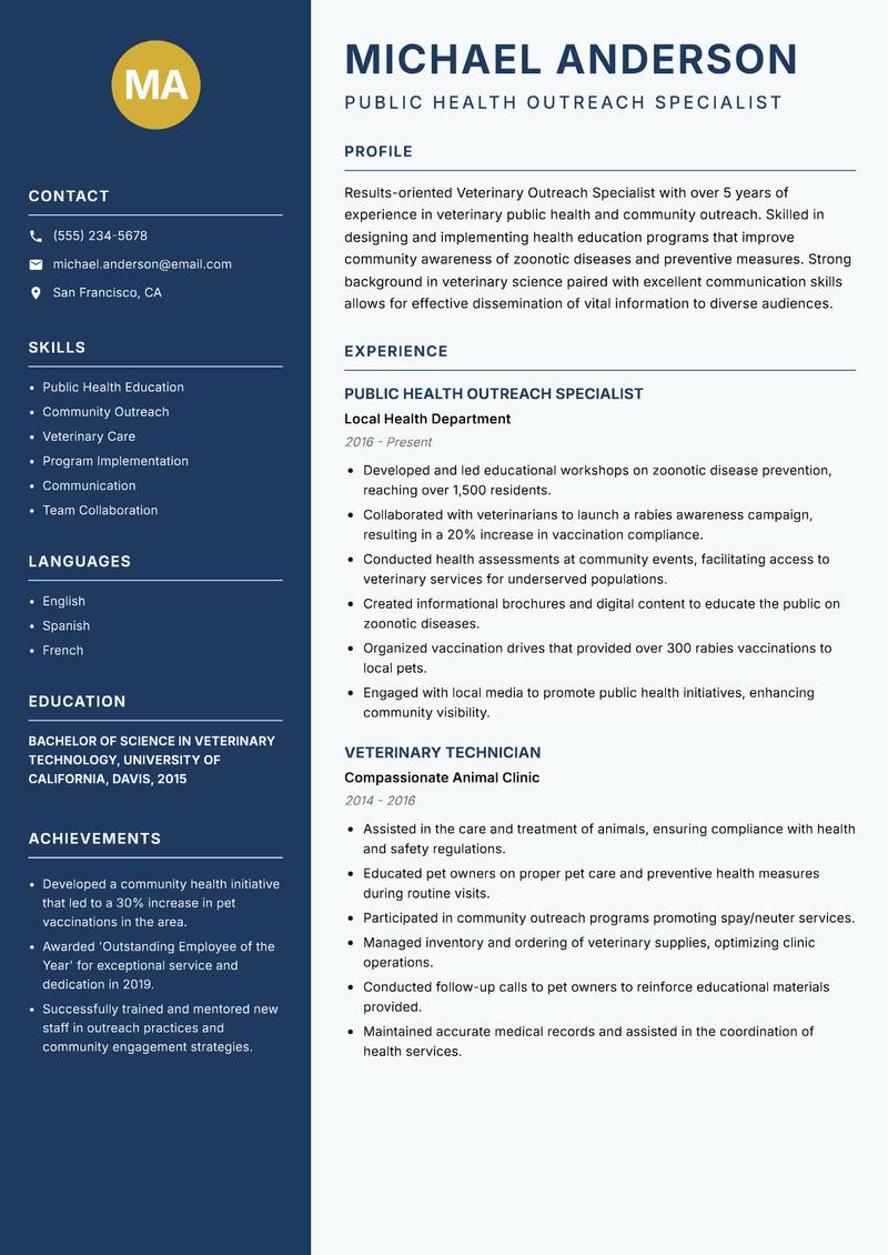 Veterinary Outreach Specialist resume sample — Public Health Outreach Specialist focus
