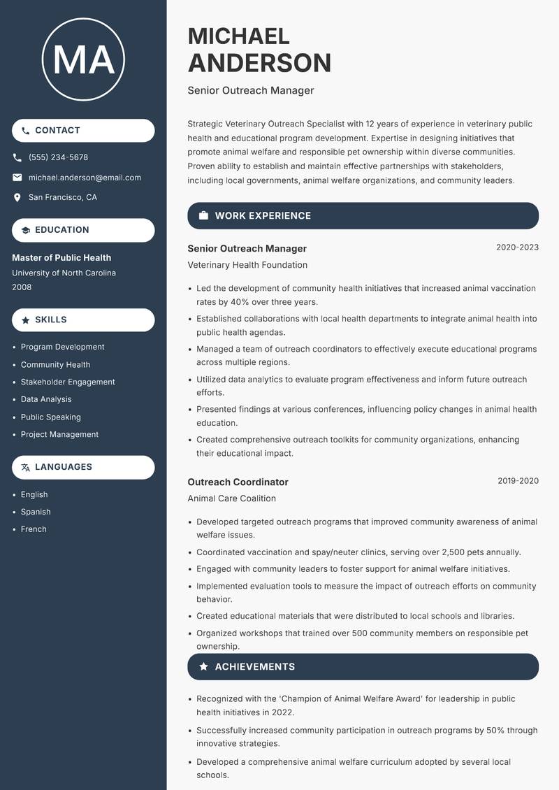 Veterinary Outreach Specialist resume sample — Senior Outreach Manager focus