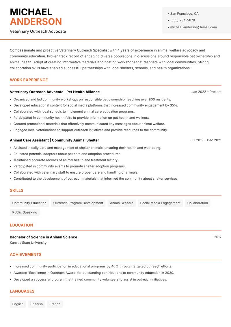 Veterinary Outreach Specialist resume sample — Veterinary Outreach Advocate focus