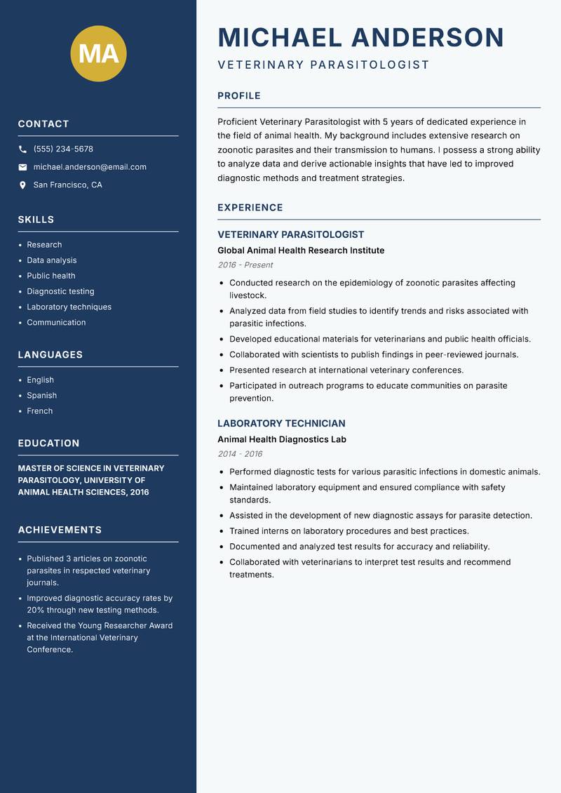 Veterinary Parasitologist resume sample — Veterinary Parasitologist focus