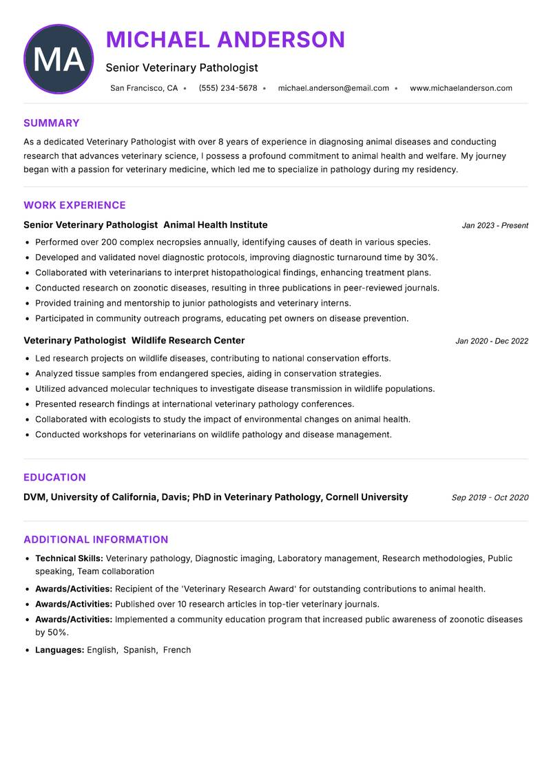 Veterinary Pathologist resume example