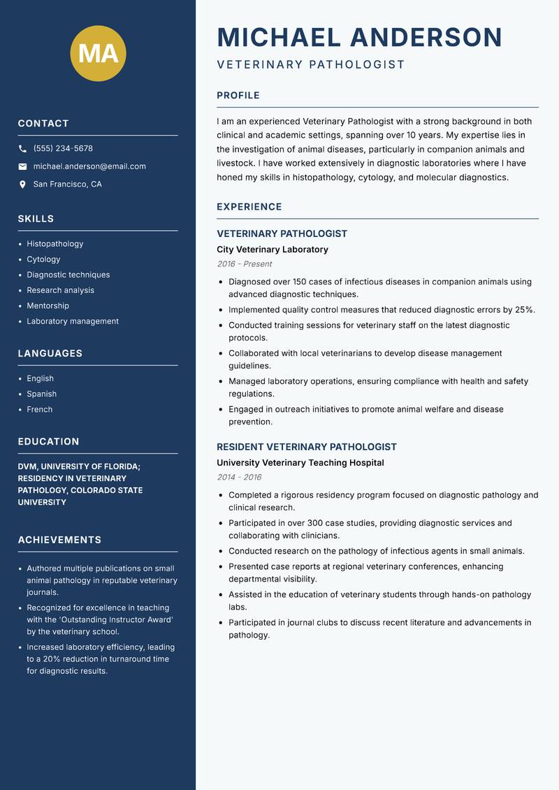 Veterinary Pathologist resume sample — Veterinary Pathologist focus