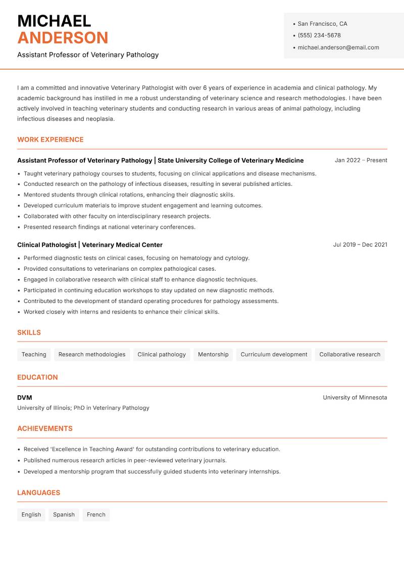 Veterinary Pathologist resume sample — Assistant Professor of Veterinary Pathology focus