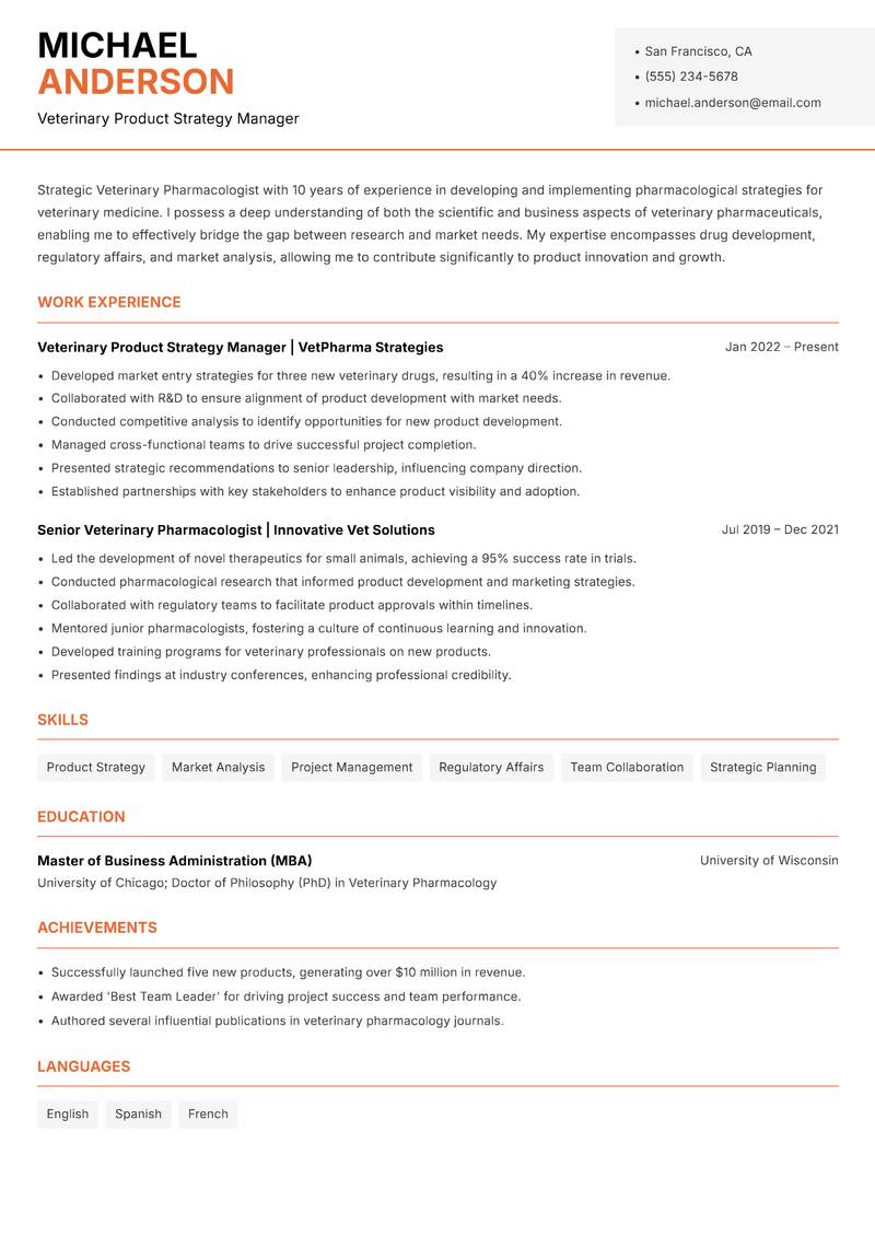 Veterinary Pharmacologist resume sample — Veterinary Product Strategy Manager focus