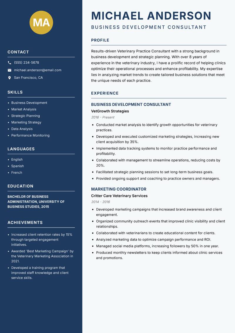 Veterinary Practice Consultant resume sample — Business Development Consultant focus