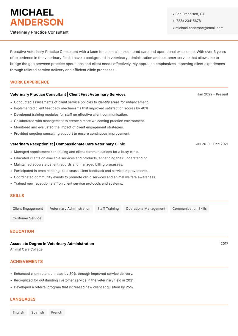 Veterinary Practice Consultant resume sample — Veterinary Practice Consultant focus