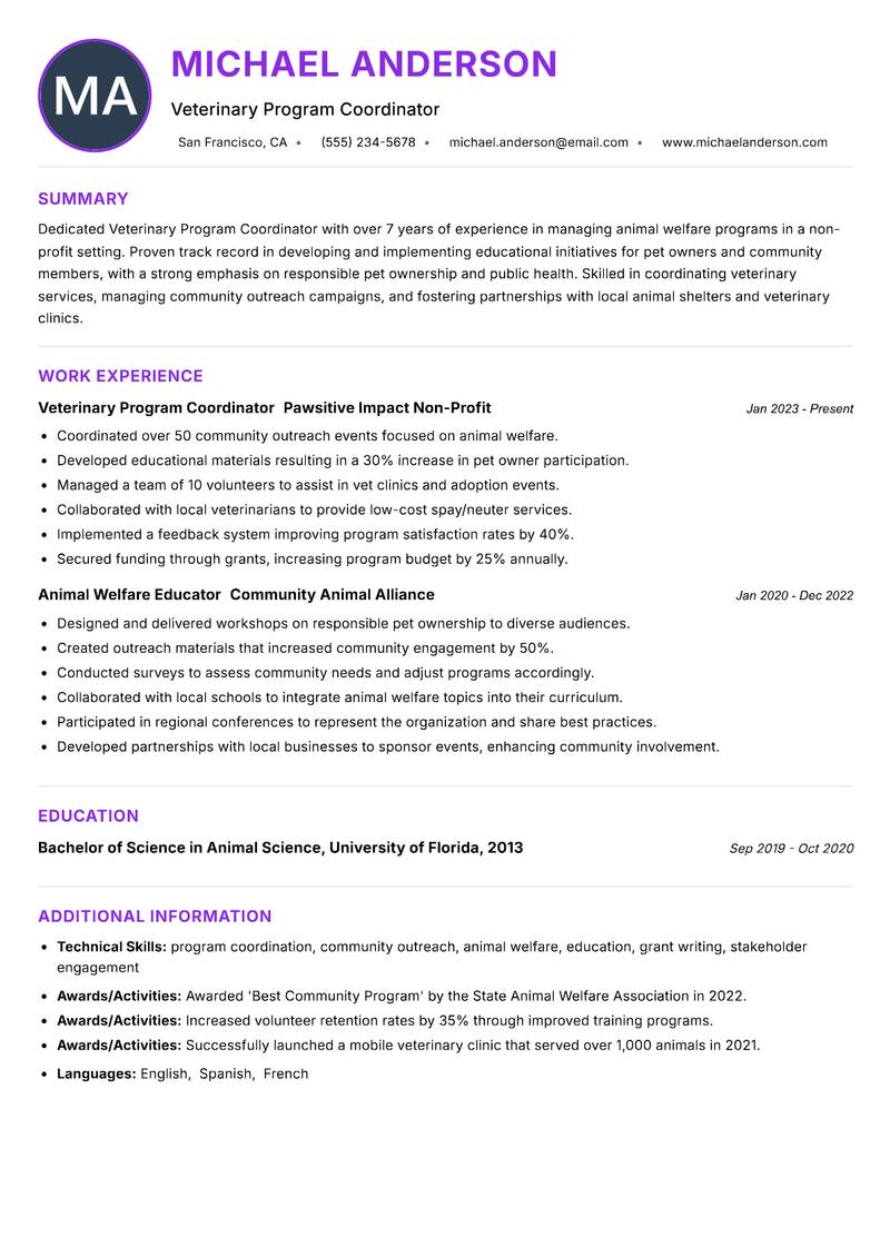 Veterinary Program Coordinator resume example