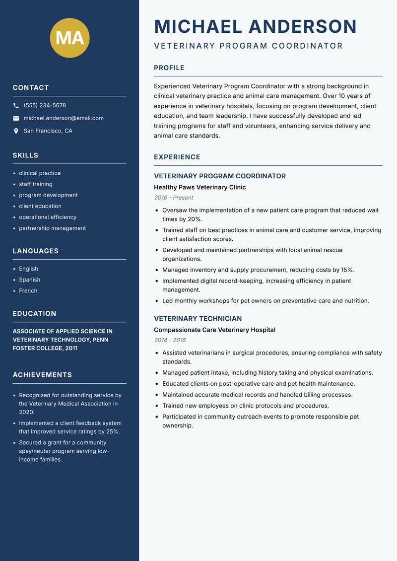 Veterinary Program Coordinator resume sample — Veterinary Program Coordinator focus