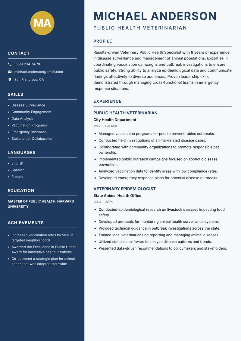 Veterinary Public Health Specialist resume sample — Public Health Veterinarian focus