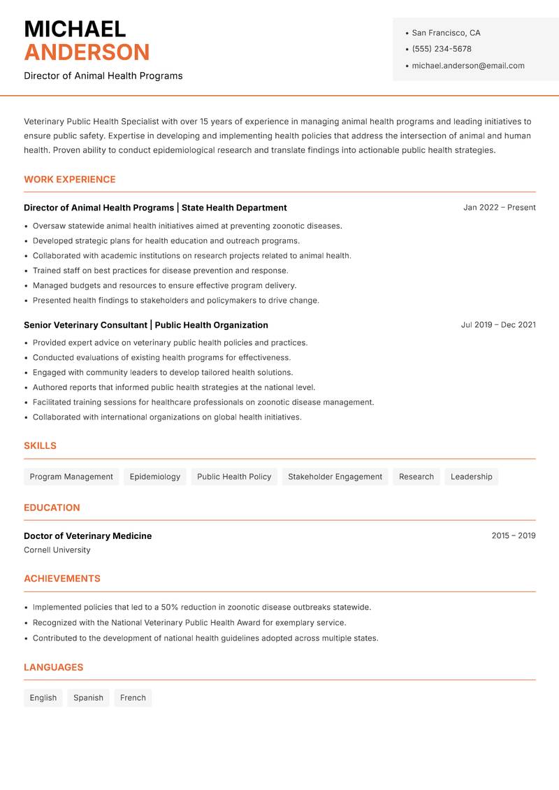 Veterinary Public Health Specialist resume sample — Director of Animal Health Programs focus