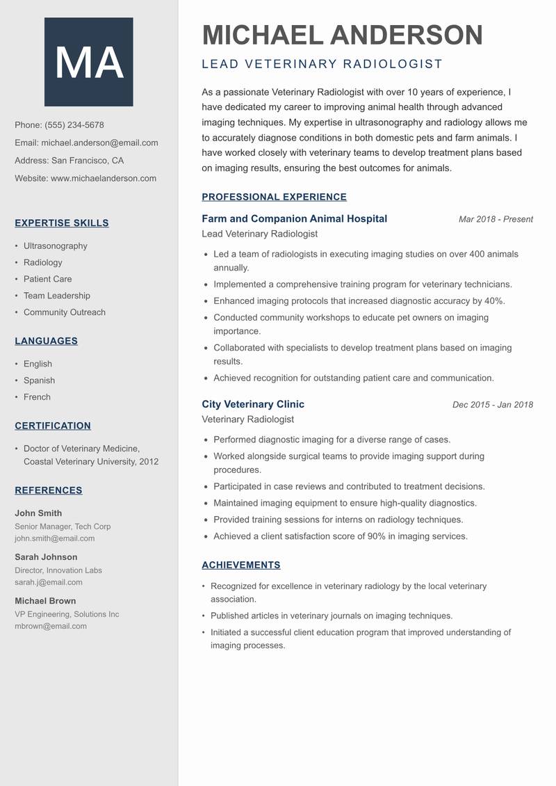 Veterinary Radiologist resume sample — Lead Veterinary Radiologist focus