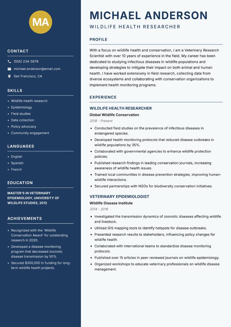 Veterinary Research Scientist resume sample — Wildlife Health Researcher focus