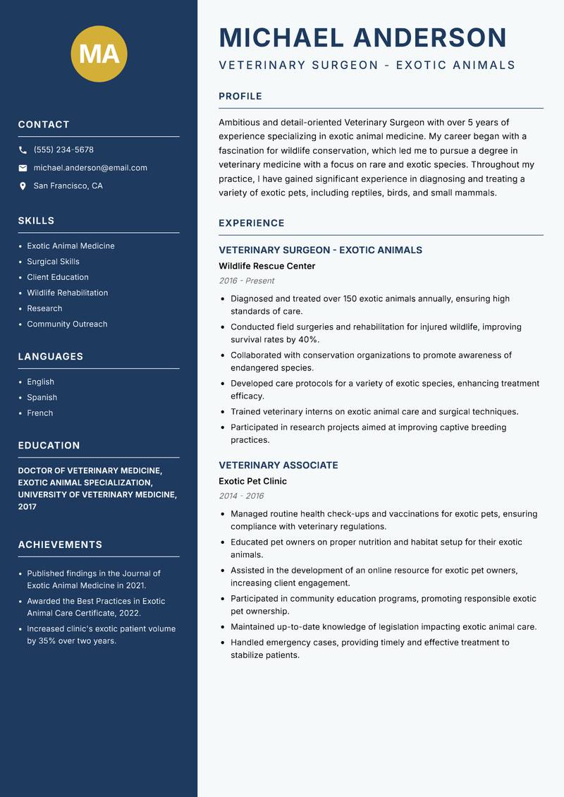 Veterinary Surgeon resume sample — Veterinary Surgeon - Exotic Animals focus