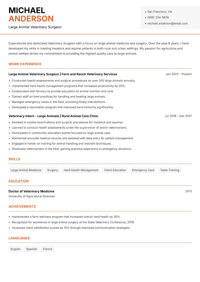 Veterinary Surgeon resume sample — Large Animal Veterinary Surgeon focus