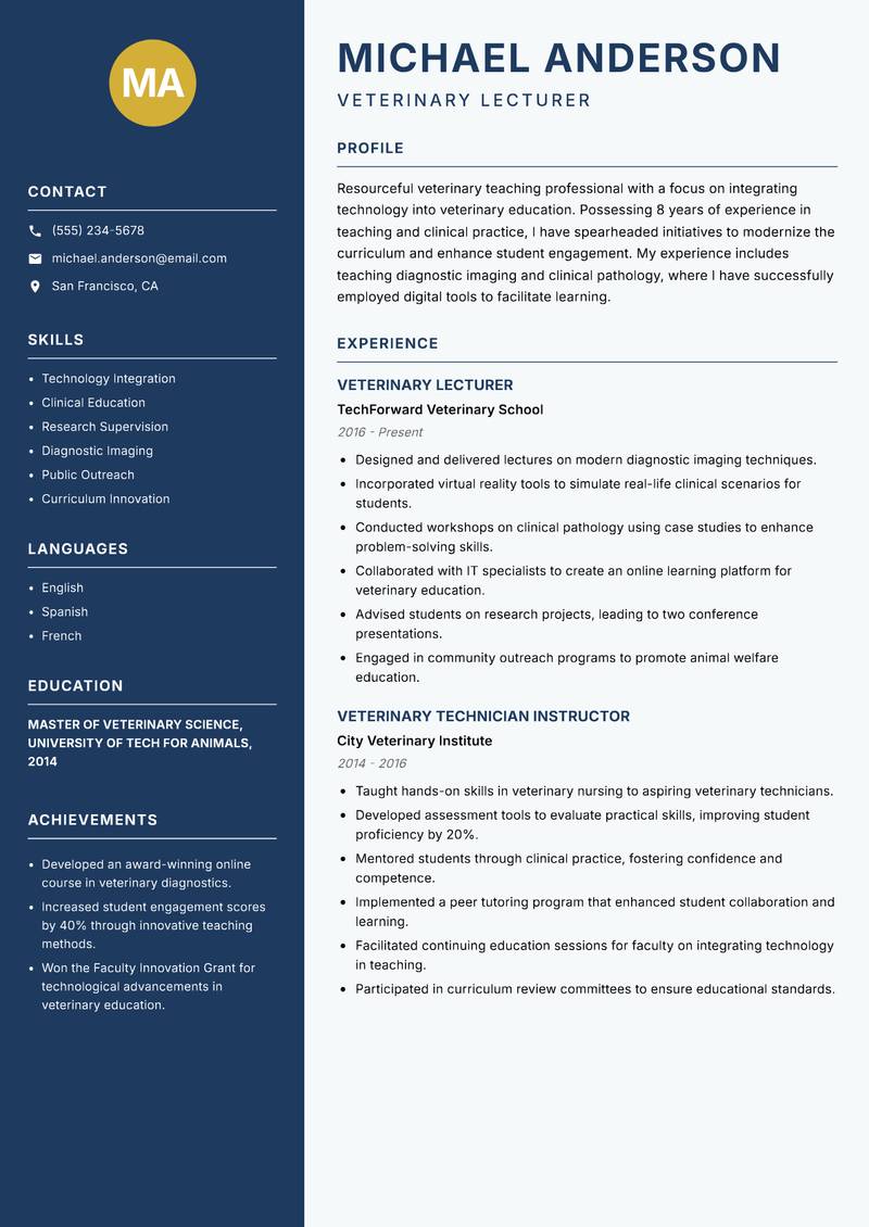 Veterinary Teaching Professional resume sample — Veterinary Lecturer focus