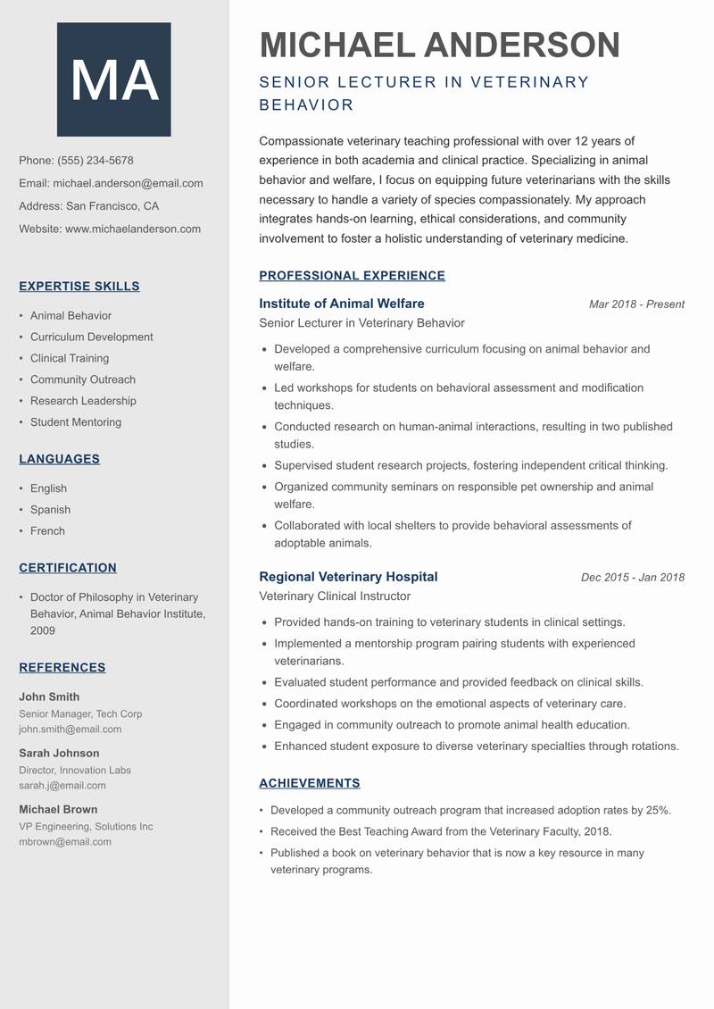Veterinary Teaching Professional resume sample — Senior Lecturer in Veterinary Behavior focus