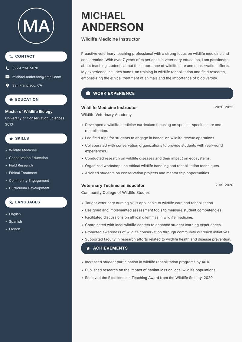 Veterinary Teaching Professional resume sample — Wildlife Medicine Instructor focus