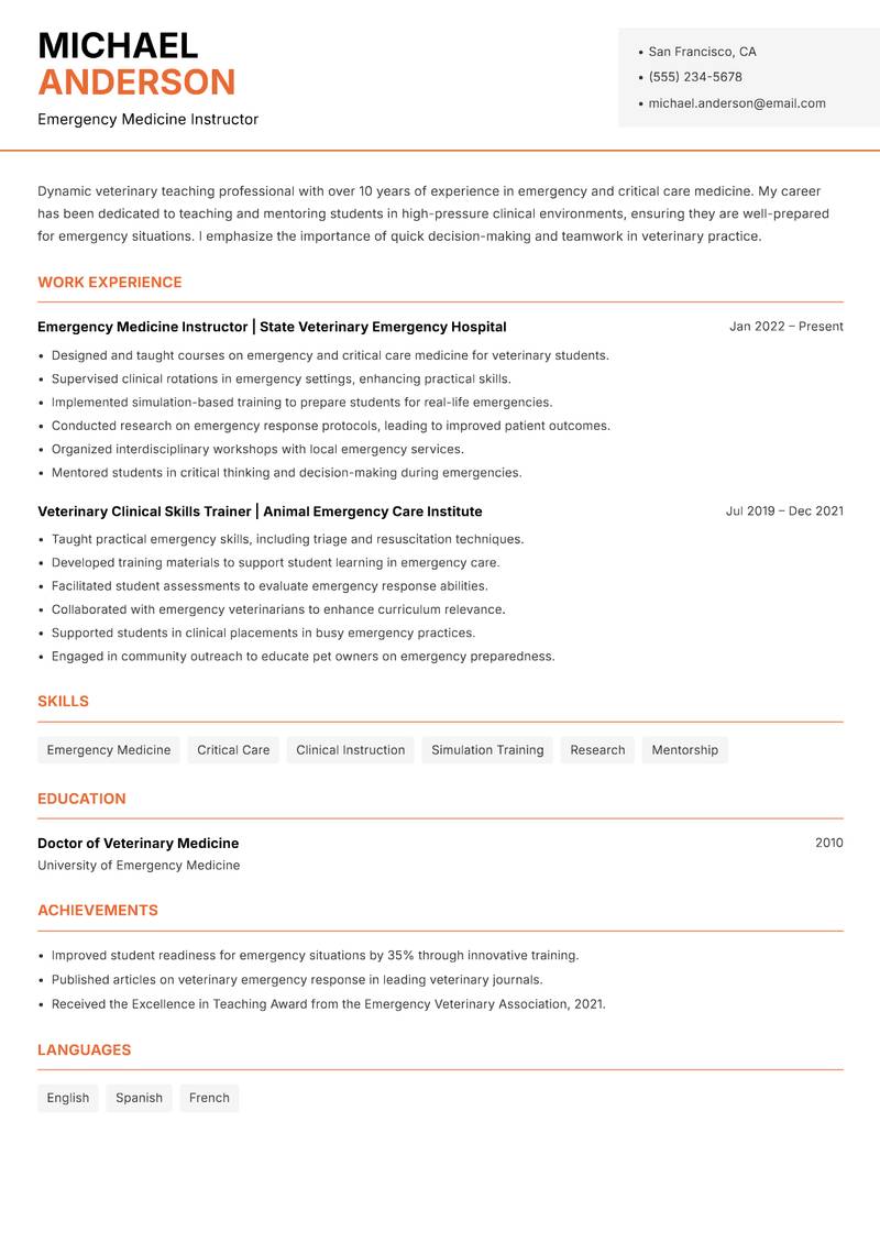 Veterinary Teaching Professional resume sample — Emergency Medicine Instructor focus