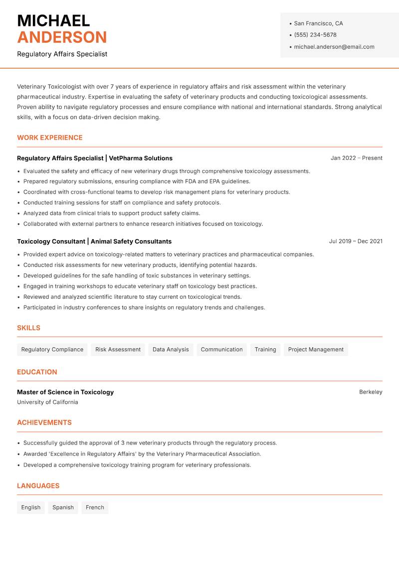 Veterinary Toxicologist resume sample — Regulatory Affairs Specialist focus