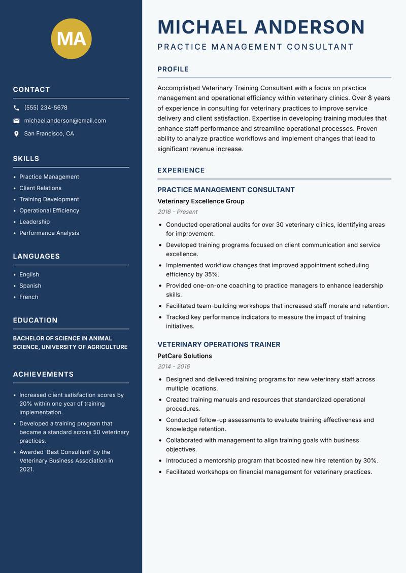 Veterinary Training Consultant resume sample — Practice Management Consultant focus