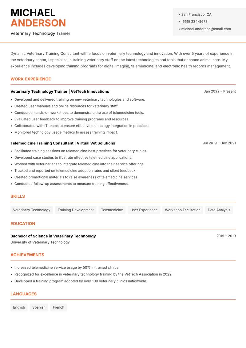 Veterinary Training Consultant resume sample — Veterinary Technology Trainer focus