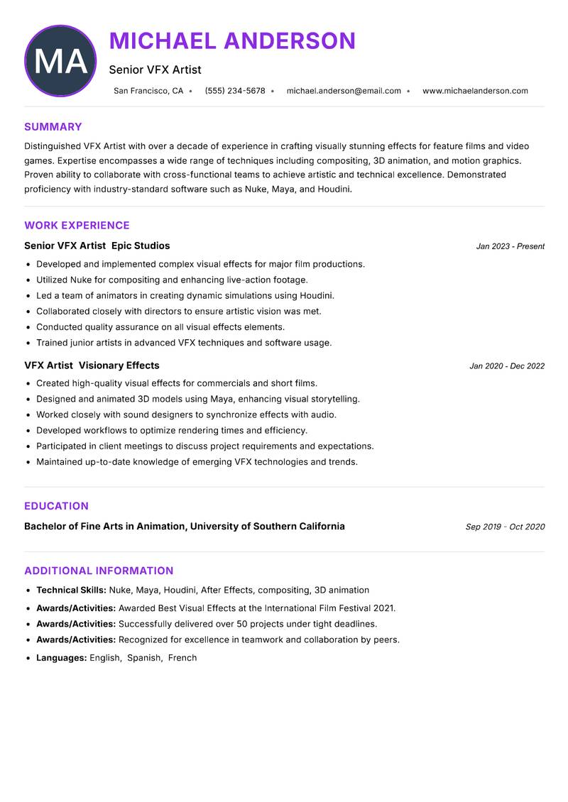 VFX Artist resume example