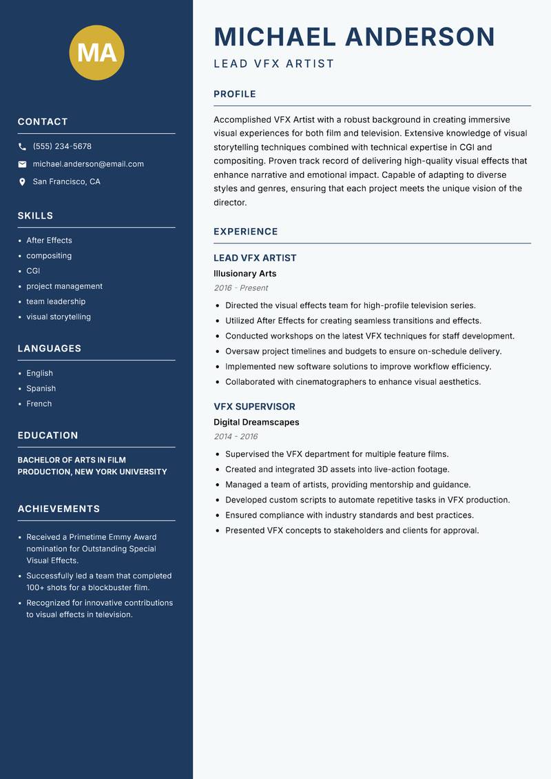 VFX Artist resume sample — Lead VFX Artist focus