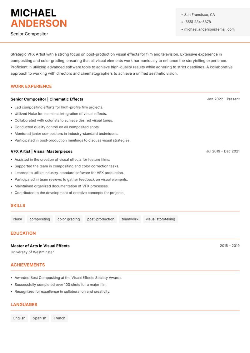 VFX Artist resume sample — Senior Compositor focus