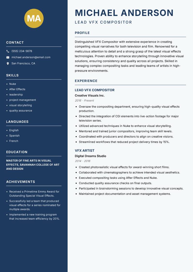 VFX Compositor resume sample — Lead VFX Compositor focus