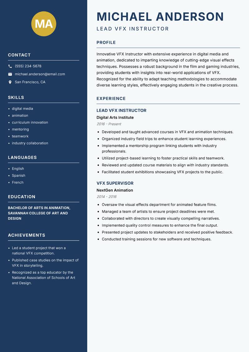 VFX Instructor resume sample — Lead VFX Instructor focus