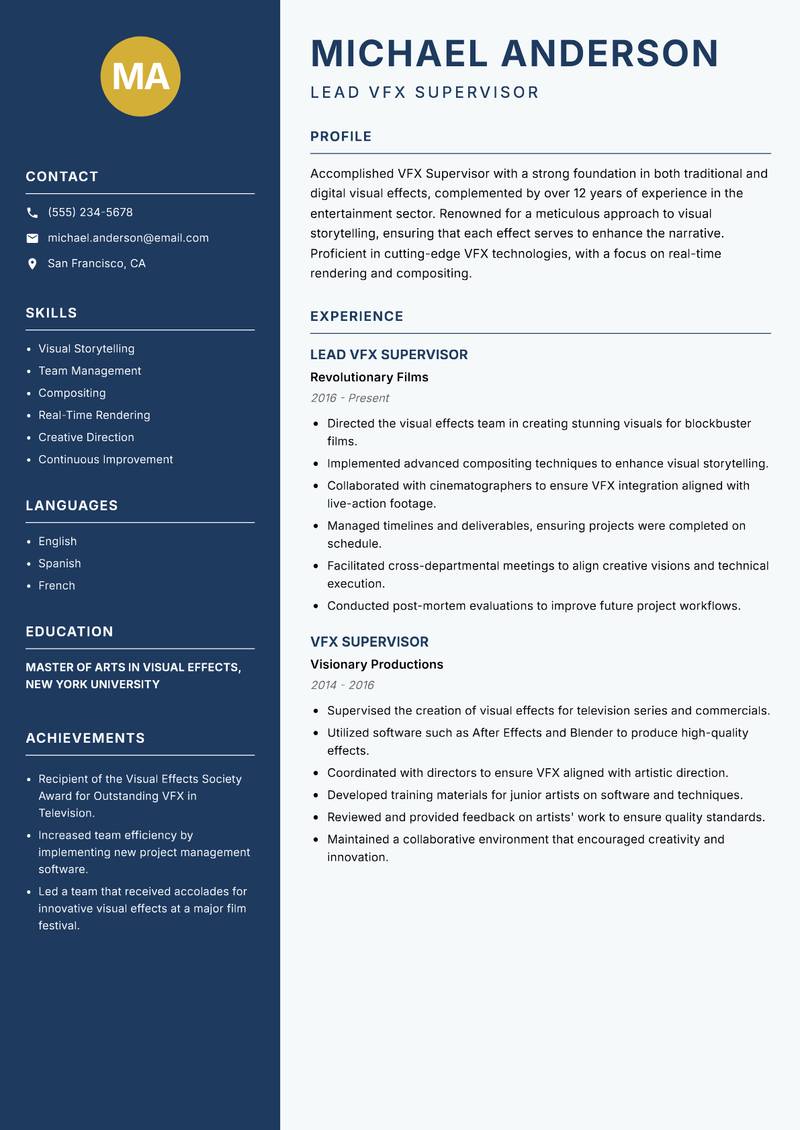 VFX Supervisor resume sample — Lead VFX Supervisor focus