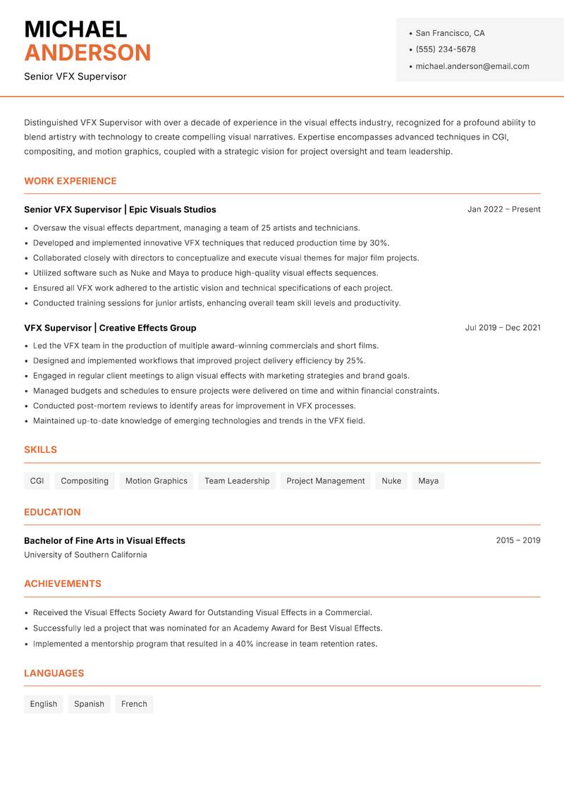 VFX Supervisor resume sample — Senior VFX Supervisor focus