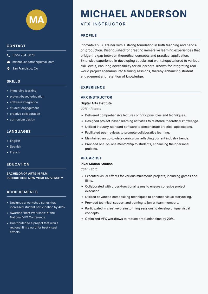 VFX Trainer resume sample — VFX Instructor focus