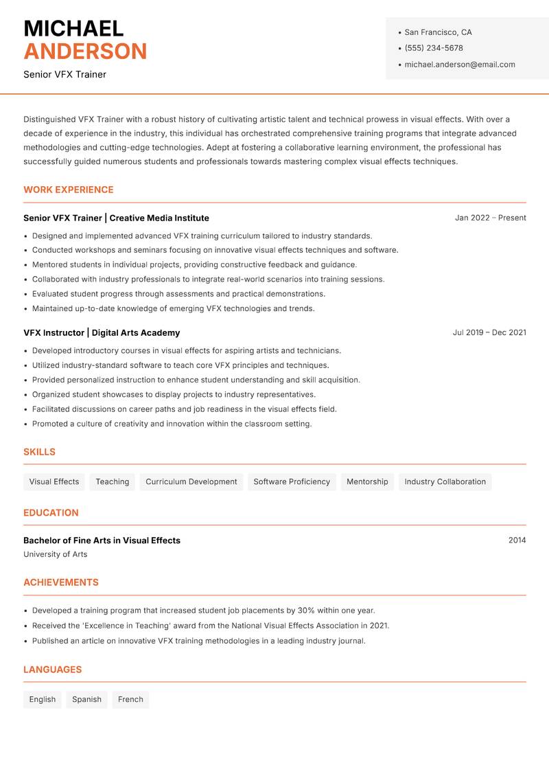 VFX Trainer resume sample — Senior VFX Trainer focus